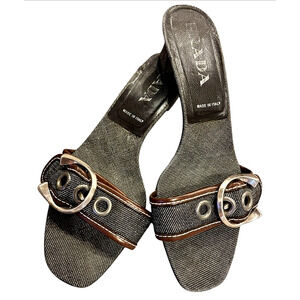Prada Denim Gray Buckle Slip On Heels Size US 8.5 / EU 38.5